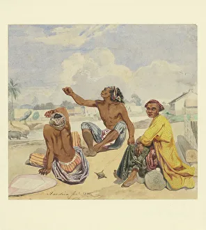 Dutch Empire Prints: Three seated men at a kali (village), 1841. Creator: Ernest Alfred Hardouin