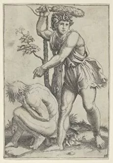 The seated naked man at left being beaten with a fox's tail, ca. 1510-27. Creator: Marcantonio Raimondi