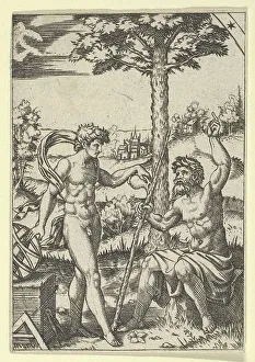 Seated old shepard gesturing towards the sky and speaking to nude male surrounded... ca. 1500-1600. Creator: Anon
