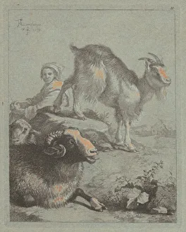 Francesco Londonio Prints: Seated Shepherdess, a Ram, a Sheep and a Goat, 1759. Creator: Francesco Londonio