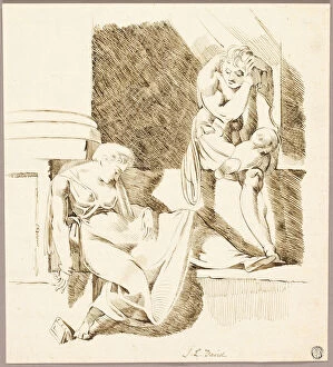 Fuseli Henri Collection: Seated Troubadour Looking at Woman Asleep on Ledge, n.d. Creator: Unknown