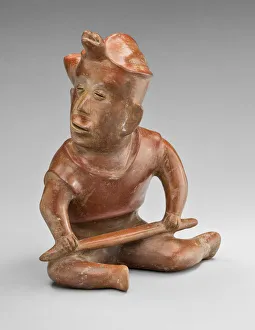 Colima Collection: Seated Warrior Figure with Turtle Headdress, Holding a Staff, 100 B.C. / A.D. 250