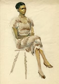 1950s Retro Collection: Seated woman in brown dress, c1952. Creator: Shirley Markham