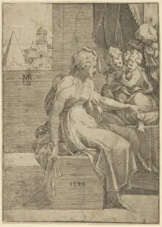 Davent Leon Prints: Seated woman with two children (Virgin with Christ and St John the Baptist?)