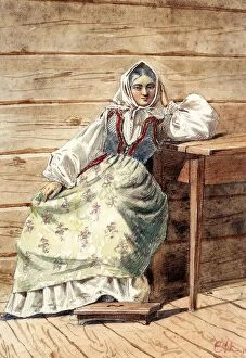 Leaning On Elbow Collection: Seated woman in folk costume from Blekinge. Creator: Unknown