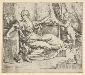 Seated woman holding a tablet and compass (allegory of learning), a winged putto... ca