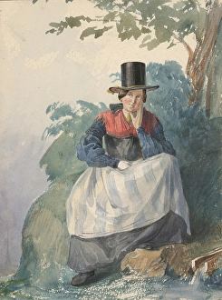 Stripe Prints: Seated Woman by the Stream, 1839-1844. Creator: Karoly Lajos Libay
