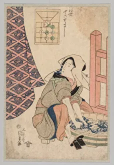 Gototei Kunisada Japanese Prints: Seated Woman Washing Clothes in a Wooden Tub