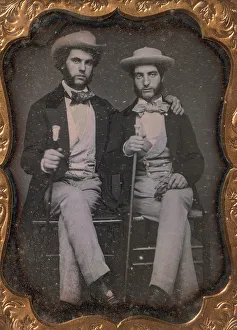 Friend Prints: Two Seated Young Men Holding Ivory-topped Walking Sticks, 1850s. Creator: Unknown