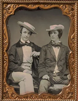 Two Seated Young Men Wearing Gingham Trousers, Bow Ties, and Brimmed, Soft Hats, 1850s Two Seated Young Men Wearing Gingham Trousers, Bow Ties, and Brimmed, Soft Hats, 1850s