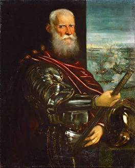 Turkish Fleet Gallery: Sebastiano Venier (1496-1578), with the Battle of Lepanto in background