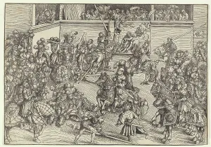 Duel Prints: The second tournament with Samson and the lion on the balcony carpet