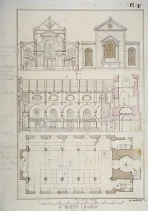 Fleet Street Prints: Section, elevation and ground plan of St Brides Church, Fleet Street, City of London, 1840