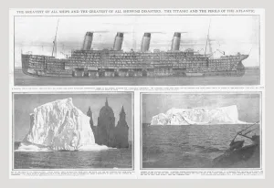 The Daily Graphic Prints: Sectional diagram of the Titanic, and icebergs, April 20, 1912. Creator: Unknown