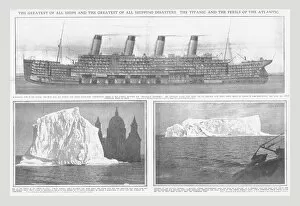 Daily Graphic Gallery: Sectional diagram of the Titanic, and icebergs, April 20, 1912. Creator: Unknown