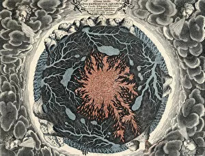 Athanasius Gallery: Sectional view of the Earth, showing central fire and underground canals linked to oceans, 1665