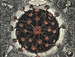 Kircher Prints: Sectional view of the Earth, showing central fire and volcanoes, 1665