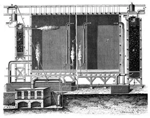 Acid Collection: Sectional view of Gay-Lussacs lead chambers and absorption towers, 1870