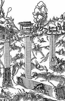 Sectional view of a mine showing shafts and galleries, 1556
