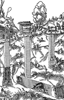 Mine Shaft Prints: Sectional view of a mine showing shafts and galleries, 1556