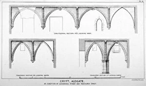 Crypt Gallery: Sectional views of St Michaels Crypt, Aldgate Street, London, c1830(?). Artist