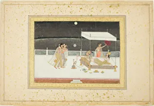 Murshidabad Prints: Seduction Scene on a Terrace by Moonlight, 18th century. Creator: Unknown