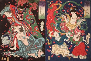 Taiso Prints: Seigen and Sakurahime; Angel with Two Children, 1868. Creator: Tsukioka Yoshitoshi