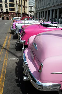 Cabs Prints: Selection of beautifully restored old American cars alongside the Parque Central