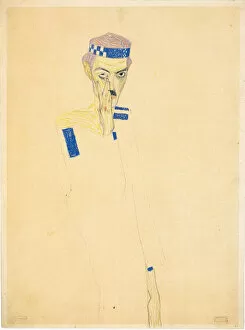 Gouache On Paper Gallery: Self-Portrait with blue checked headband, 1909. Creator: Schiele, Egon (1890-1918)