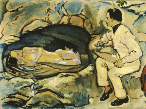 Moser Prints: Self-Portrait, drawing with mermaid in the rock grotto