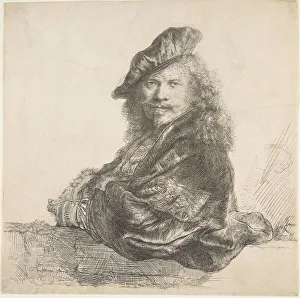 Painter Gallery: Self-Portrait, Leaning on a Stone Wall, 1639. Creator: Rembrandt Harmensz van Rijn