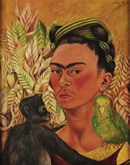 Self Portrait Prints: Self-Portrait with Monkey and Parrot, 1942. Creator: Kahlo, Frida (1907-1954)