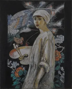Self-Portrait with Paradise Birds (Self-Portrait in Front of Chinese Screen). Creator: Stettheimer, Florine (1871-1944)