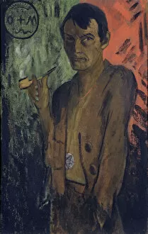 Tempera On Canvas Collection: Self-portrait with pentagram, c. 1924. Creator: Mueller, Otto (1874-1930)