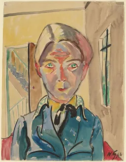 Watercolor Over Graphite Prints: Self-Portrait in Front of Stairs (Selbst vor Treppe), 1922. Creator: Walter Gramatté