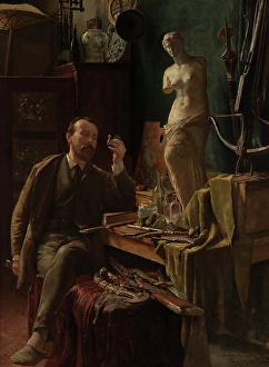 Examining Prints: Self Portrait in Studio, 1885. Creator: Louis Van Engelen