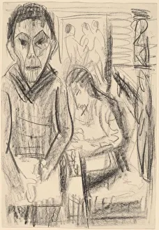 Kirchner Ernst Prints: Self-Portrait in the Studio, 1923. Creator: Ernst Kirchner
