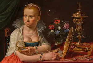 Self Portrait Prints: Self-portrait with vanitas and flower still life