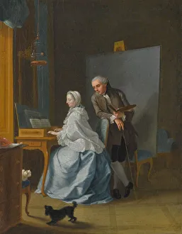 Johann Heinrich Prints: Self-portrait with his wife Marie Sophie at the spinet, 1756