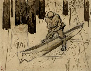 Canoe Prints: Selkup makes a boat, Selkups, 1920. Creator: A. G. Vargin