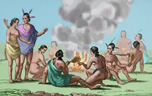 Sitting On Ground Prints: Seminoles Indians celebrating seated around a fire