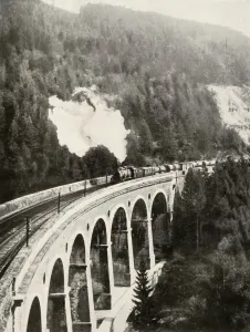 In the Semmering Valley, Austria. A good train crossing the curved Gamperl Viaduct, 1935-36