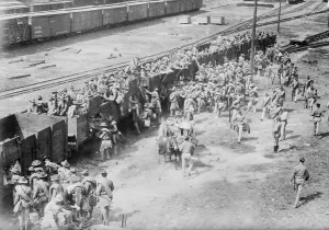 Us Marines Prints: Sending reinforcements to water works Vera Cruz, 1914. Creator: Bain News Service