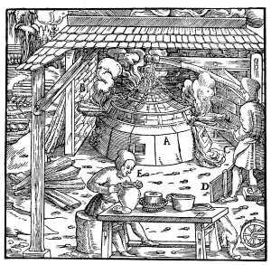 Separating lead from silver or gold in a cupellation furnace, 1556