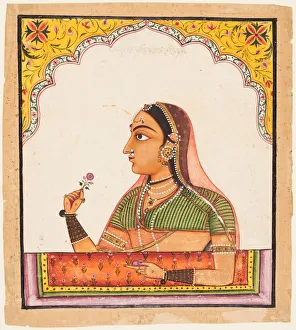 Color On Paper Prints: From a series of female portraits: A lady at a jharoka window holding a rose, c. 1730