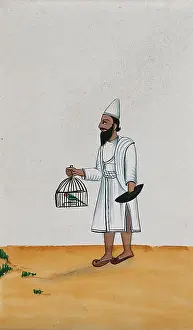 Captive Prints: A servant holds a parrot in a cage with one hand while the other is