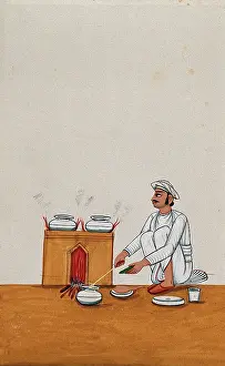 Crouching Prints: A servant serves food from a degchi (pot)