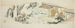 Ebangire Surimono Gallery: Servant throwing bundles of branches into waterfall, Japan, c. 1810. Creator: Hokusai