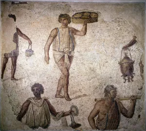 Carthaginian Prints: Servants or slaves making preparations for a feast, mosaic, Carthage, 2nd century