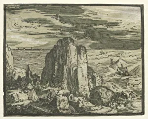 Hendrick Goltzius Dutch Prints: From a set of 4 Landscapes: Cliffon the seashore